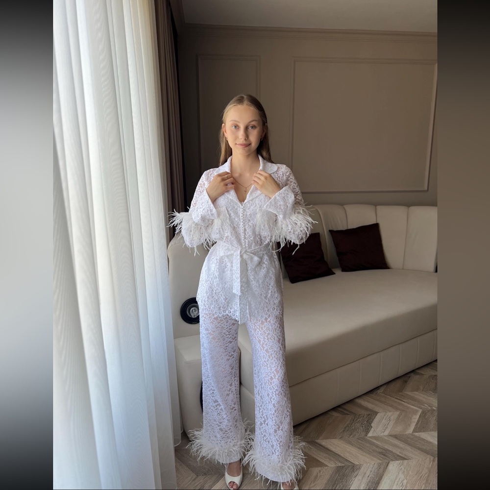 Lace Bridal Pajama Set: White Feathered Wedding Morning Outfit
